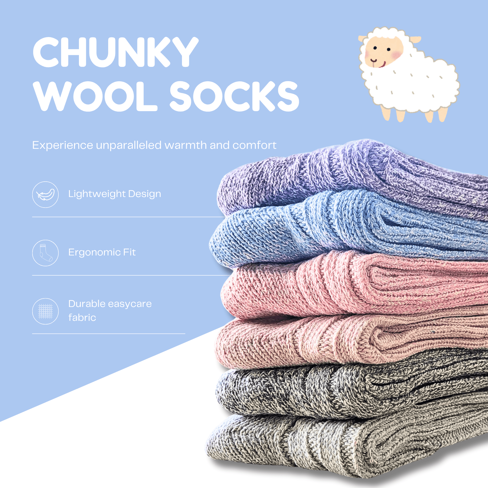 Calze termiche lunghe in lana ultra spessa da donna Sock Stack, 6 paia per attività all'aperto, taglia UK 4-7 EU 37-40, colori assortiti