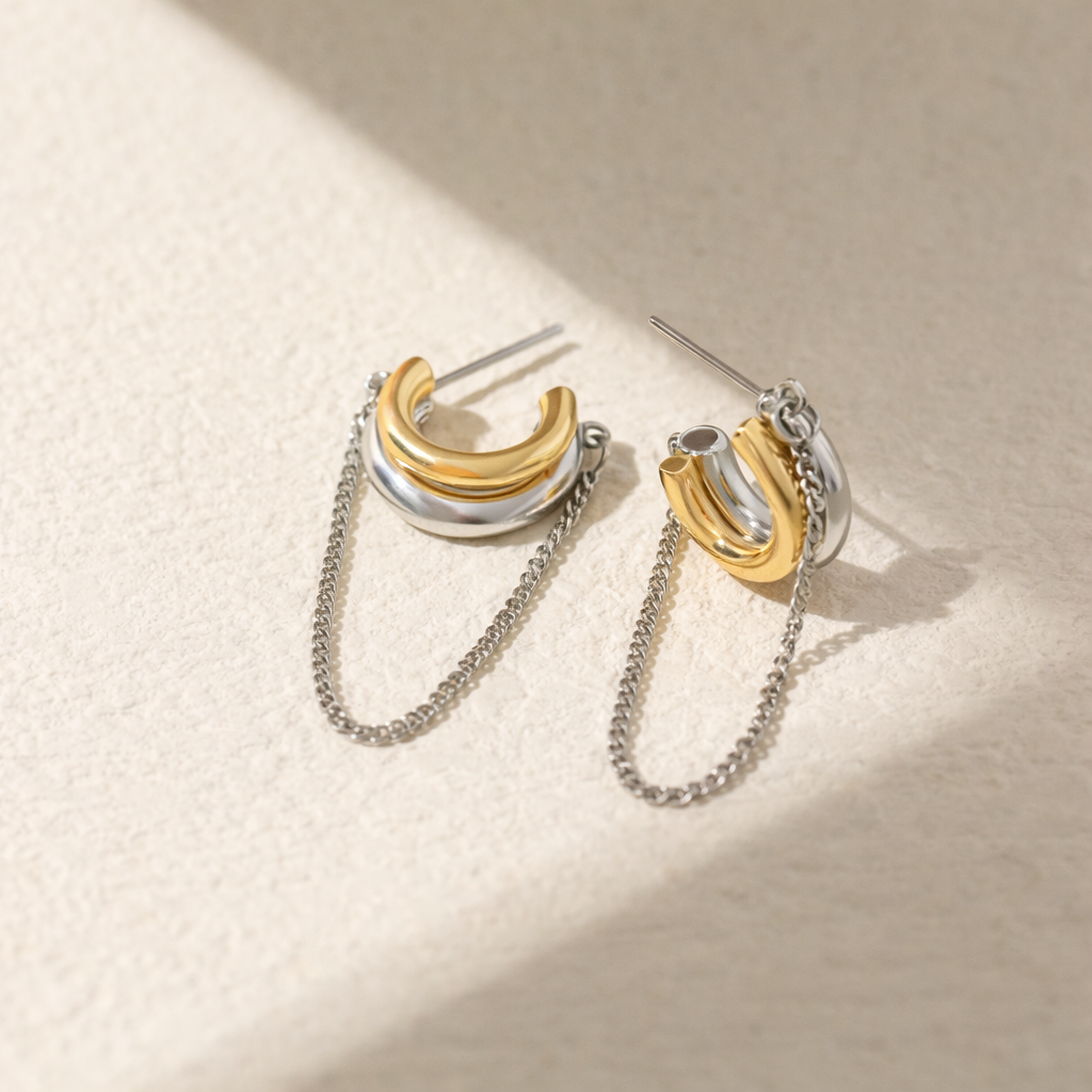 Dual Tone Chain Hoop Earrings