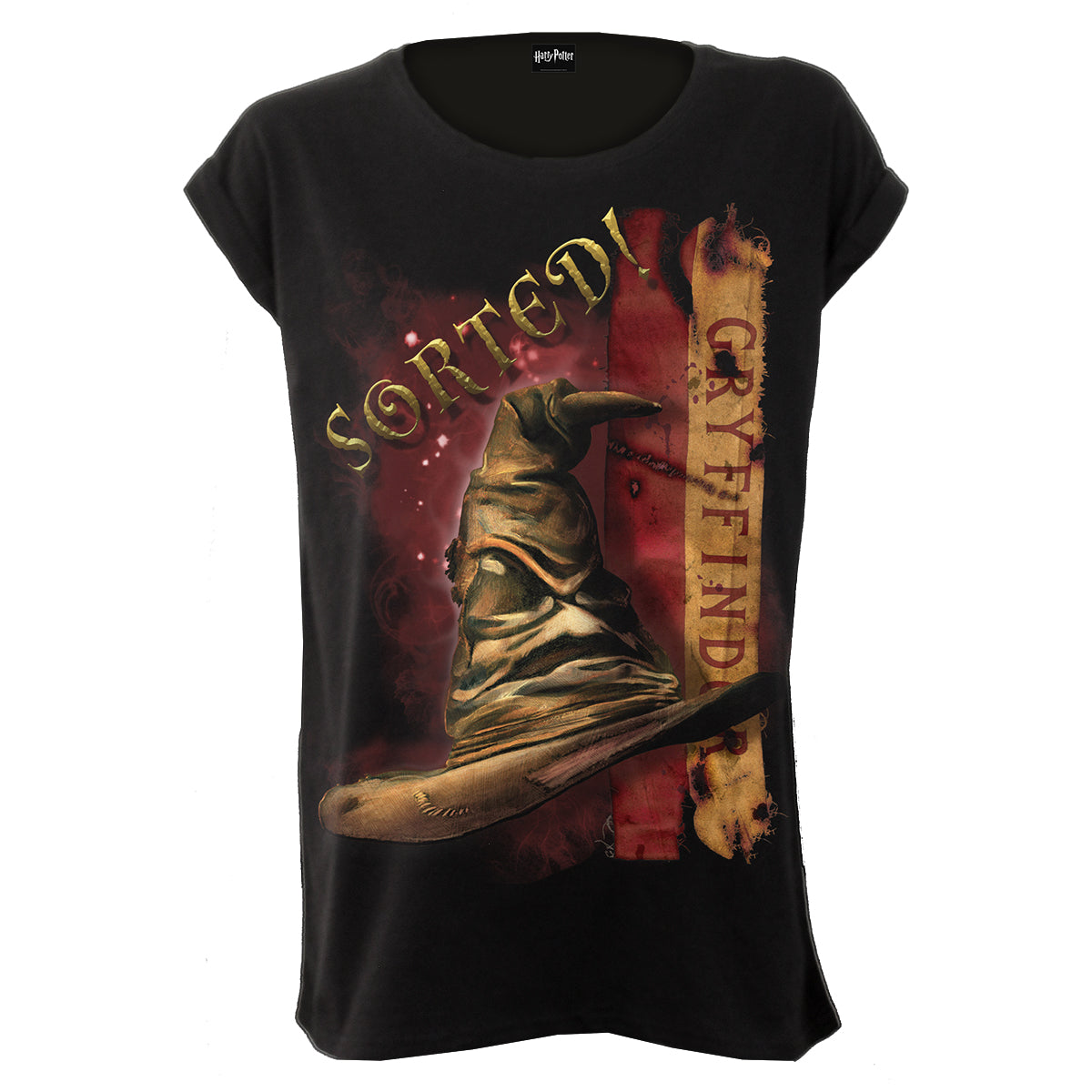 HARRY POTTER - CAPPELLO GRYFFINDOR - Top Nero con Scollo a Barca e Maniche ad Aletta