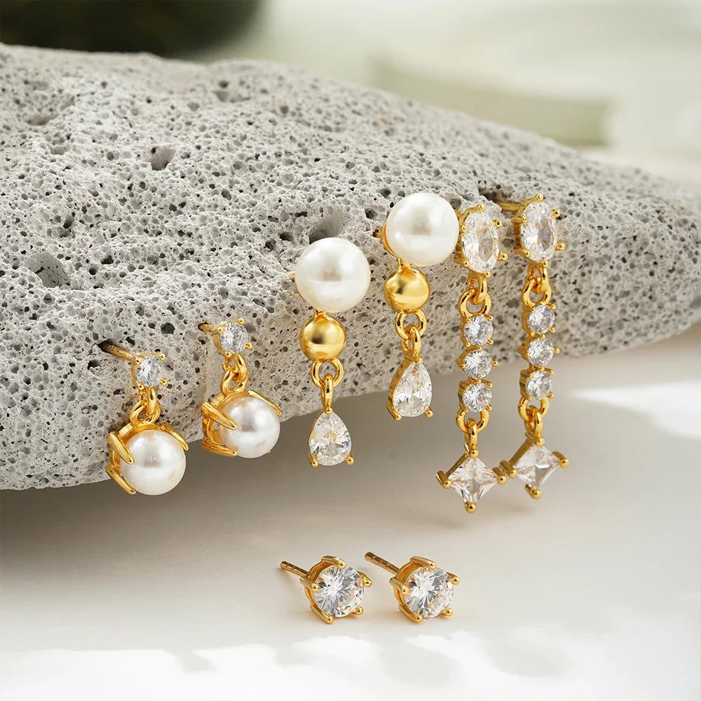 18K Gold Plated 4-Piece Pearl & Cubic Zirconia Stud Earring Set