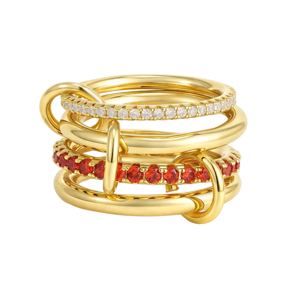 18K Elegant Gold Plated Stacked Rings with Red & White Stones