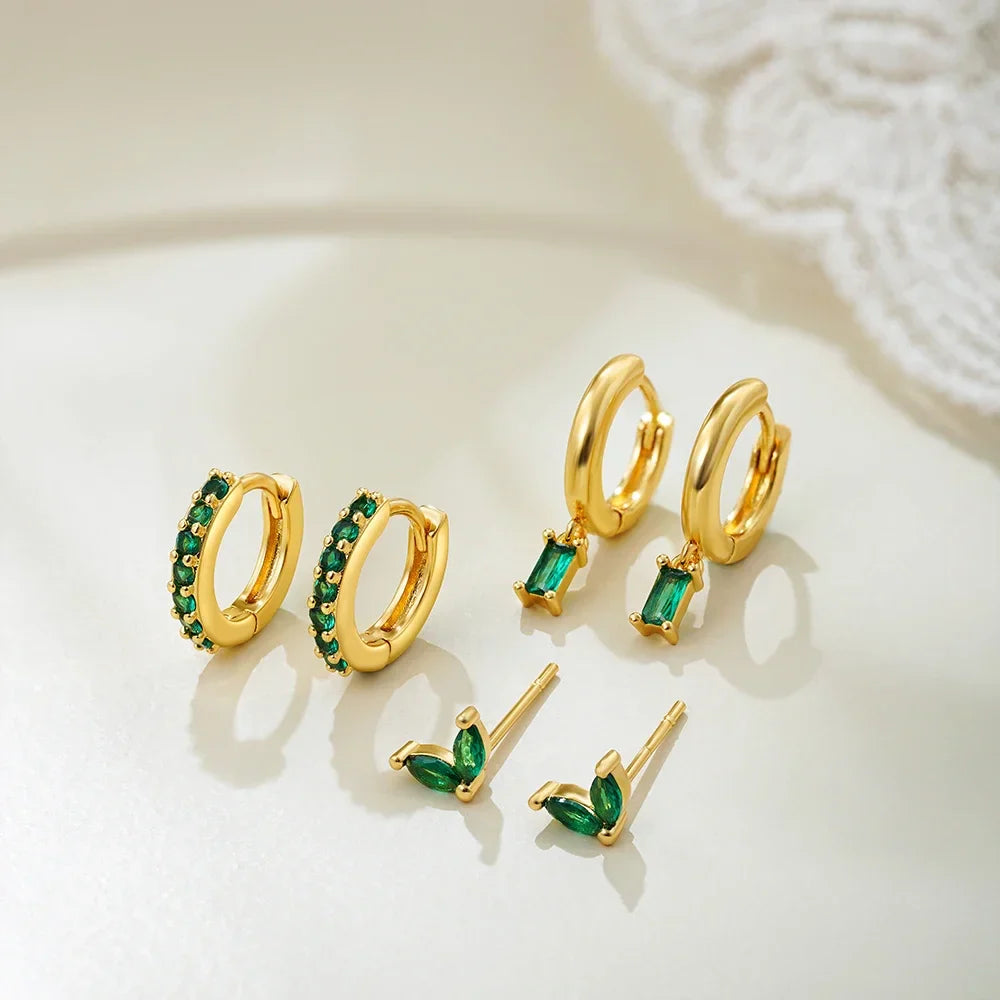 18K Gold Plated 3-Piece Emerald Green Earring Set