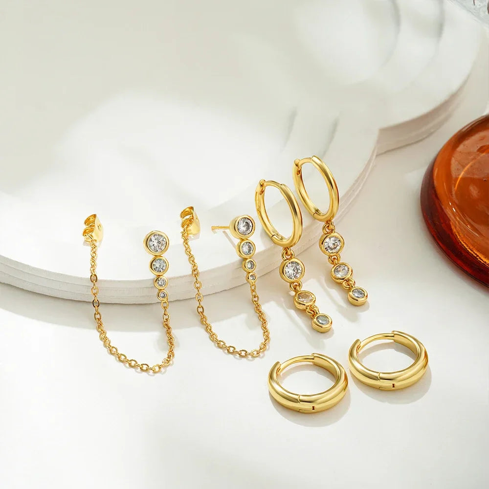 18K Gold Plated 3-Piece Earring Set with Zircon Crystals