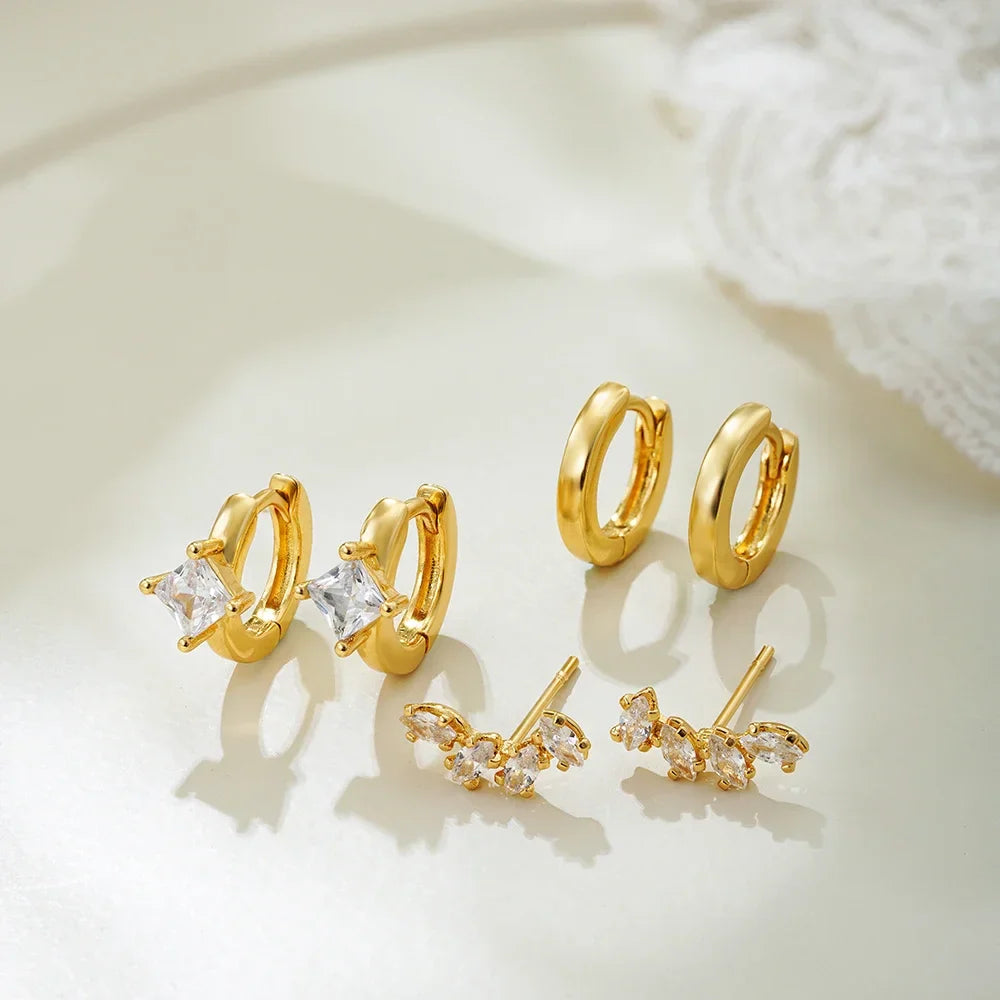 18K Gold Plated 3-Piece Elegant Hoop & Stud Earring Set