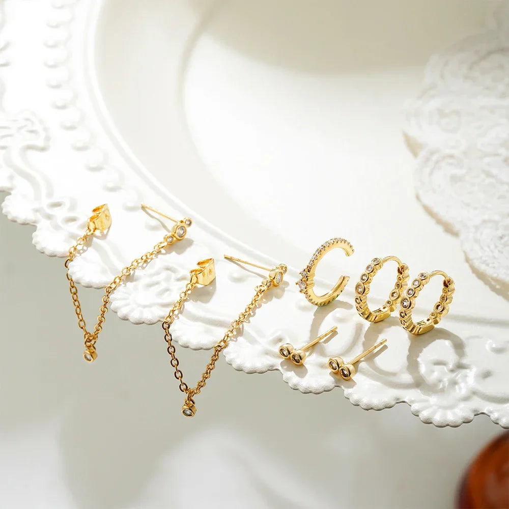 18K Gold Plated 4-Piece Earring Set with Zircon Accents