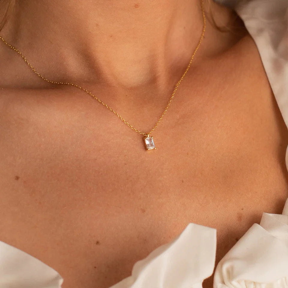 Elegant Rectangular Zirconia Pendant Necklace – Gold & Silver