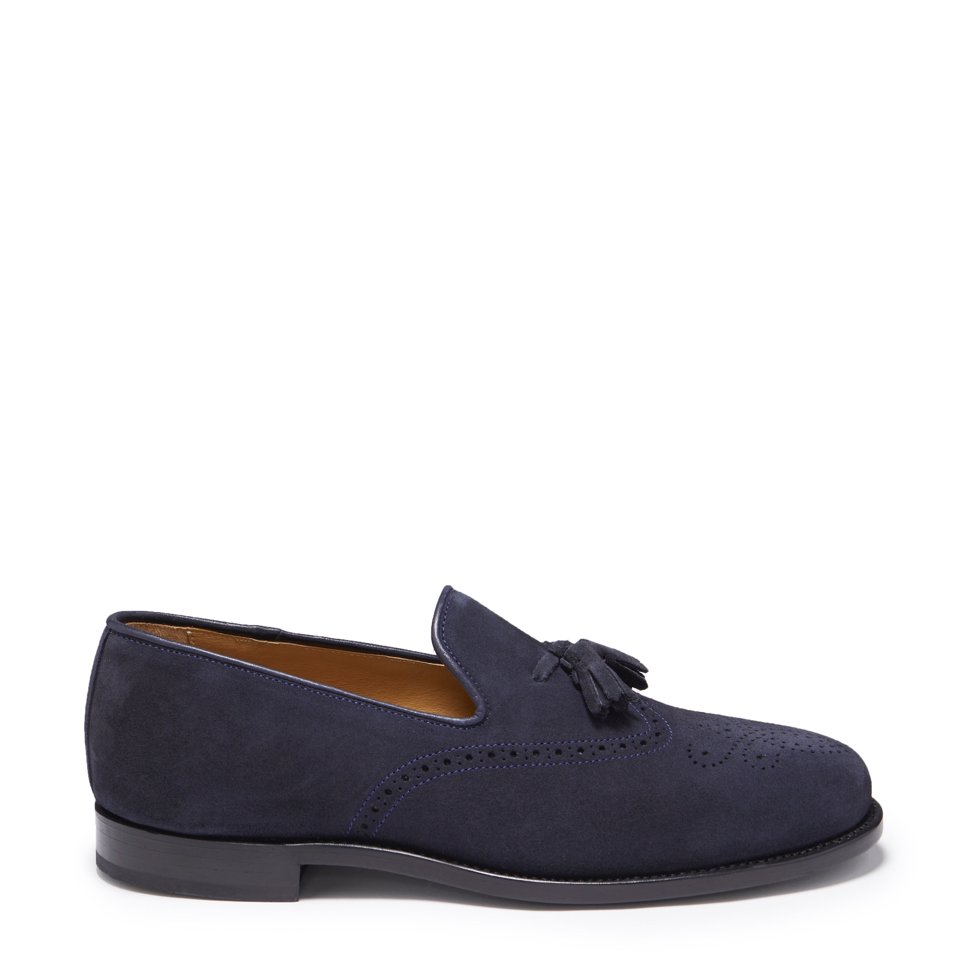 Mocassini in pelle scamosciata blu navy con nappe, suola in cuoio con guardolo