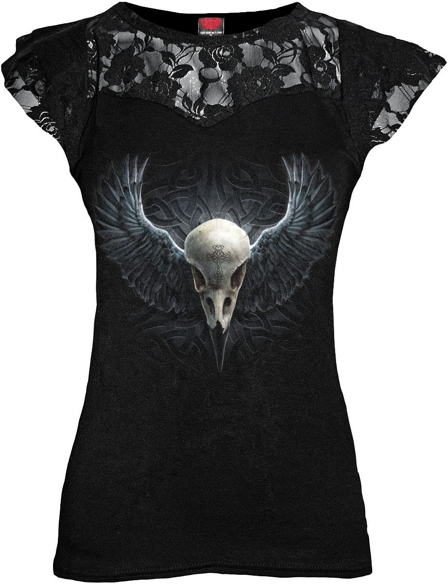 RAVEN CAGE - Top a strati in pizzo a maniche corte nero