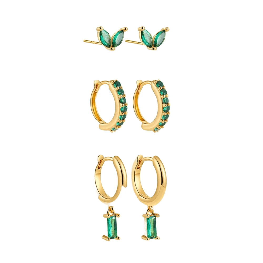 18K Gold Plated 3-Piece Emerald Green Earring Set