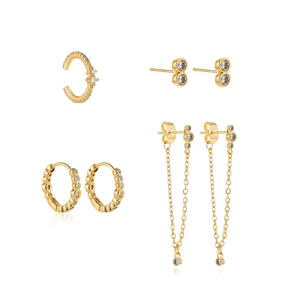 18K Gold Plated 4-Piece Earring Set with Zircon Accents