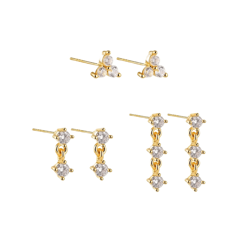 18K Gold 3-Piece Plated Stud Dainty Cubic Zirconia Earring Set