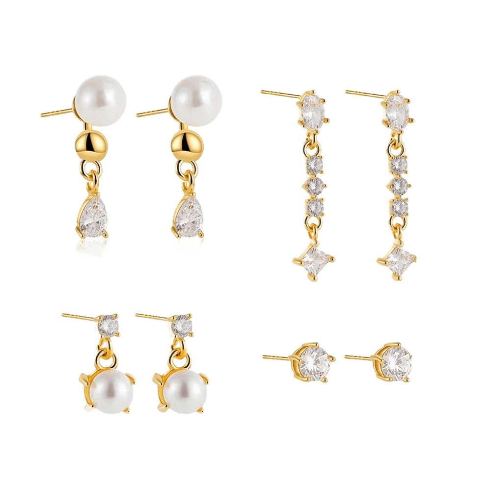 18K Gold Plated 4-Piece Pearl & Cubic Zirconia Stud Earring Set