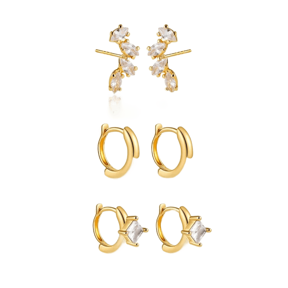 18K Gold Plated 3-Piece Elegant Hoop & Stud Earring Set