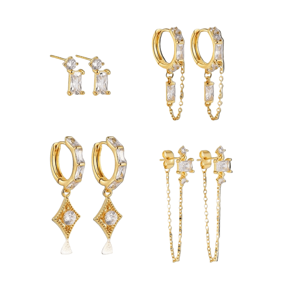 18K Gold Plated 4-Piece Chain & Stud Earring Set