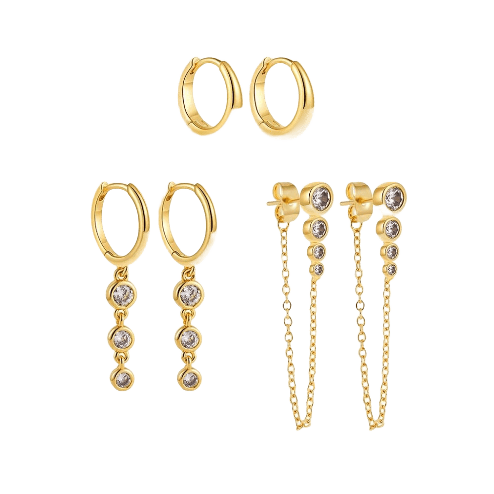 18K Gold Plated 3-Piece Earring Set with Zircon Crystals