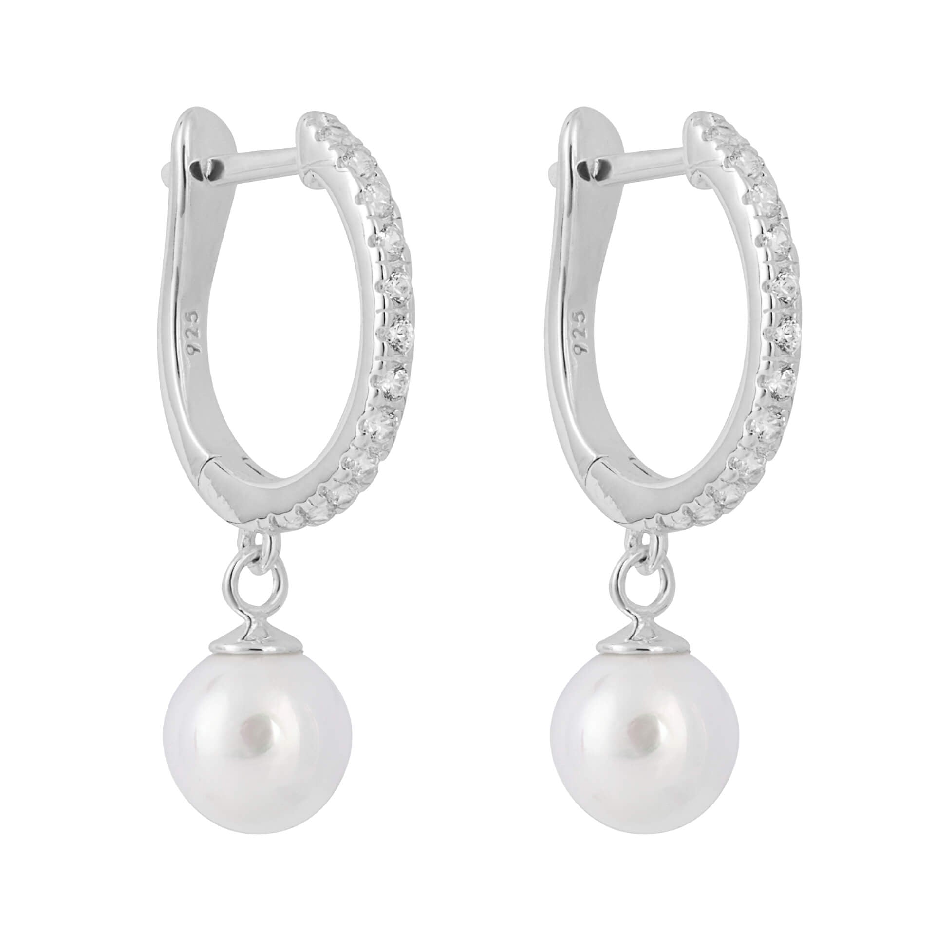 Beginnings Pave Cubic Zirconia Hoop Earrings with Pearl Drop Charm