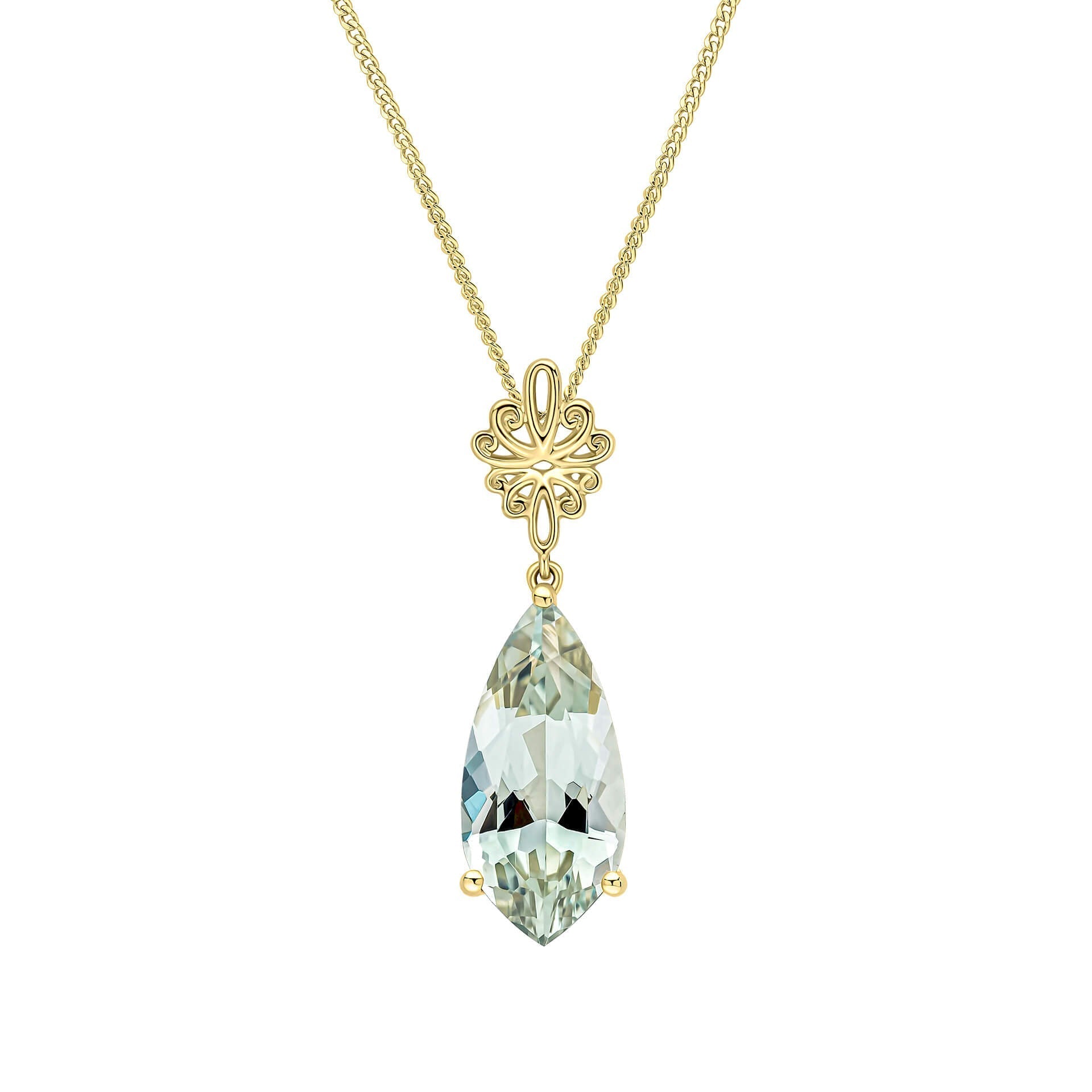 Elements Gold Fancy Cut Green Quartz Drop Pendant with Swirl Detail Bale