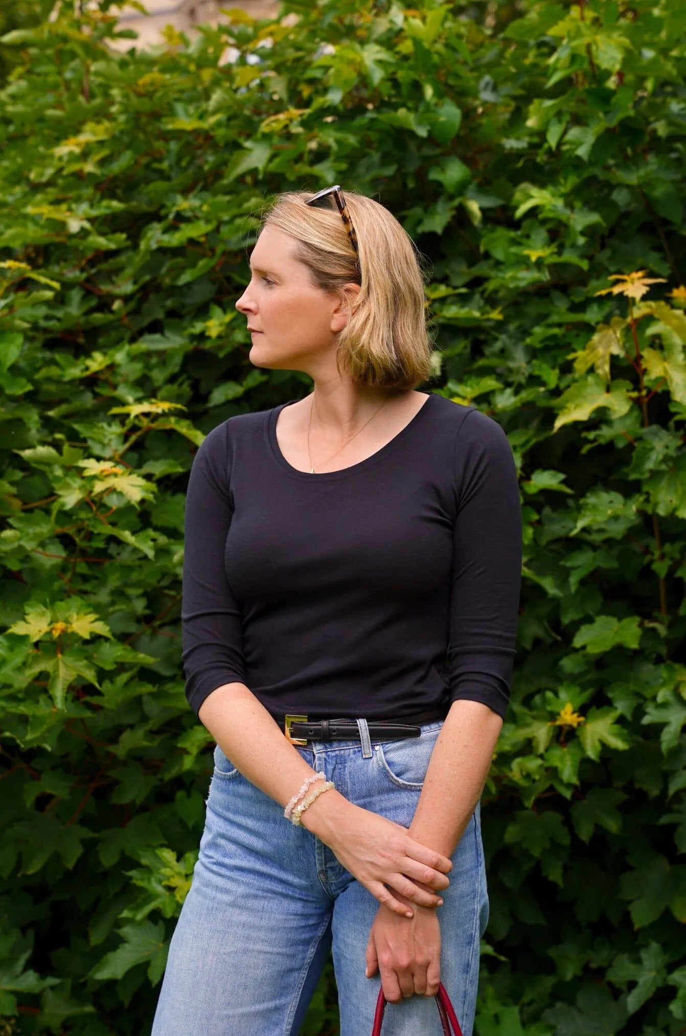 Dreiviertelarm-T-Shirt aus Baumwoll-Modal-Mix mit Rundhalsausschnitt
