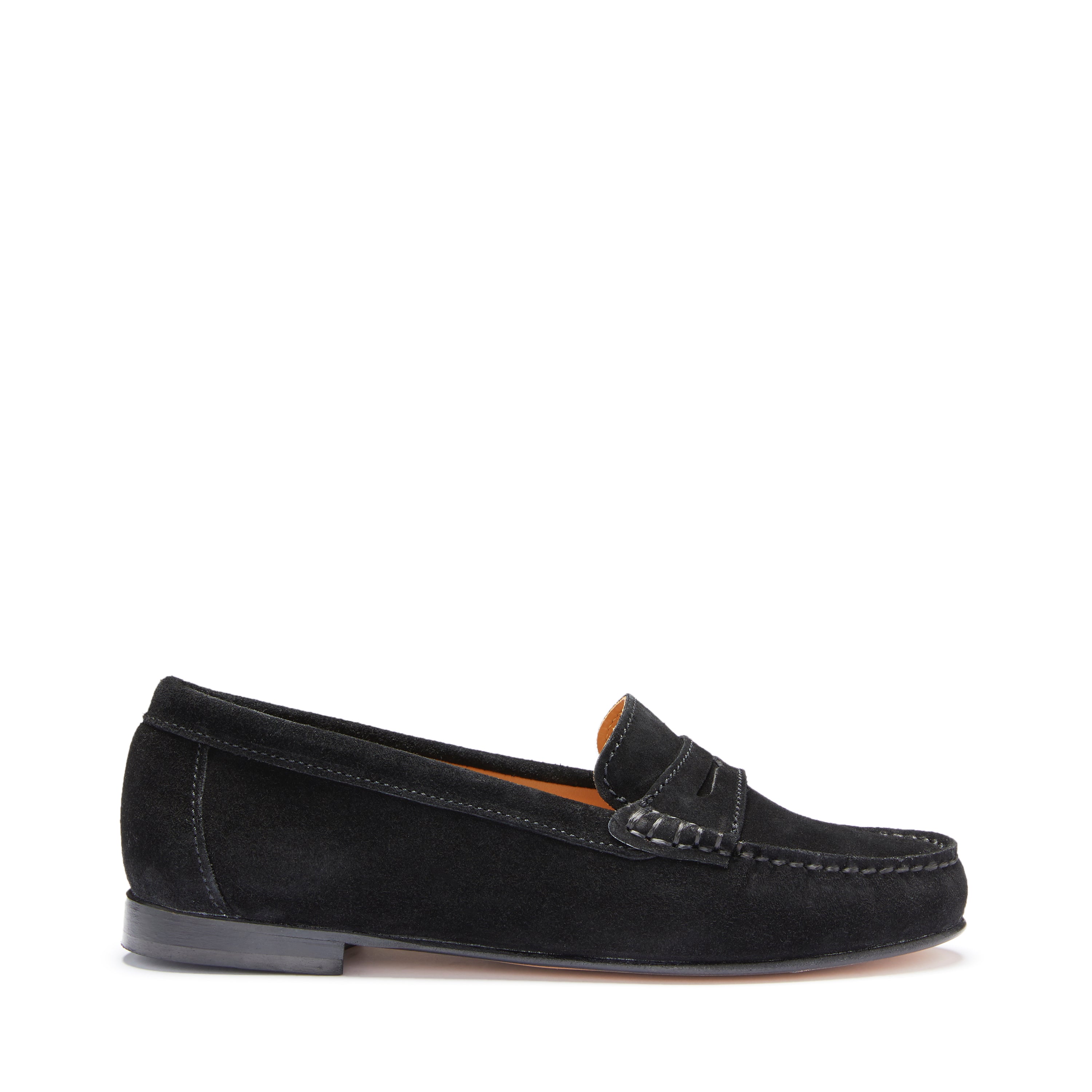 Damen Penny Loafers Leder Sohle, schwarzes Wildleder