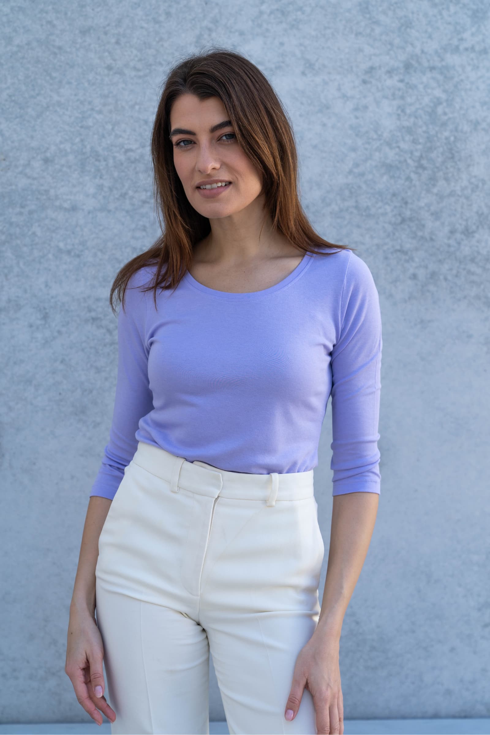 Dreiviertelarm-T-Shirt aus Baumwoll-Modal-Mix mit Rundhalsausschnitt
