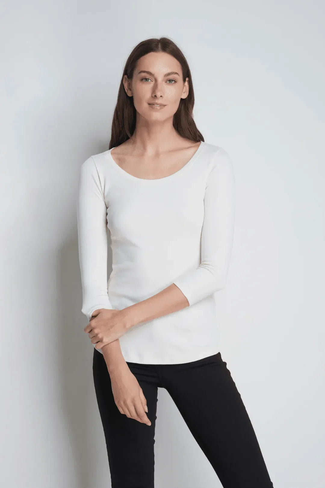Dreiviertelarm-T-Shirt aus Baumwoll-Modal-Mix mit Rundhalsausschnitt