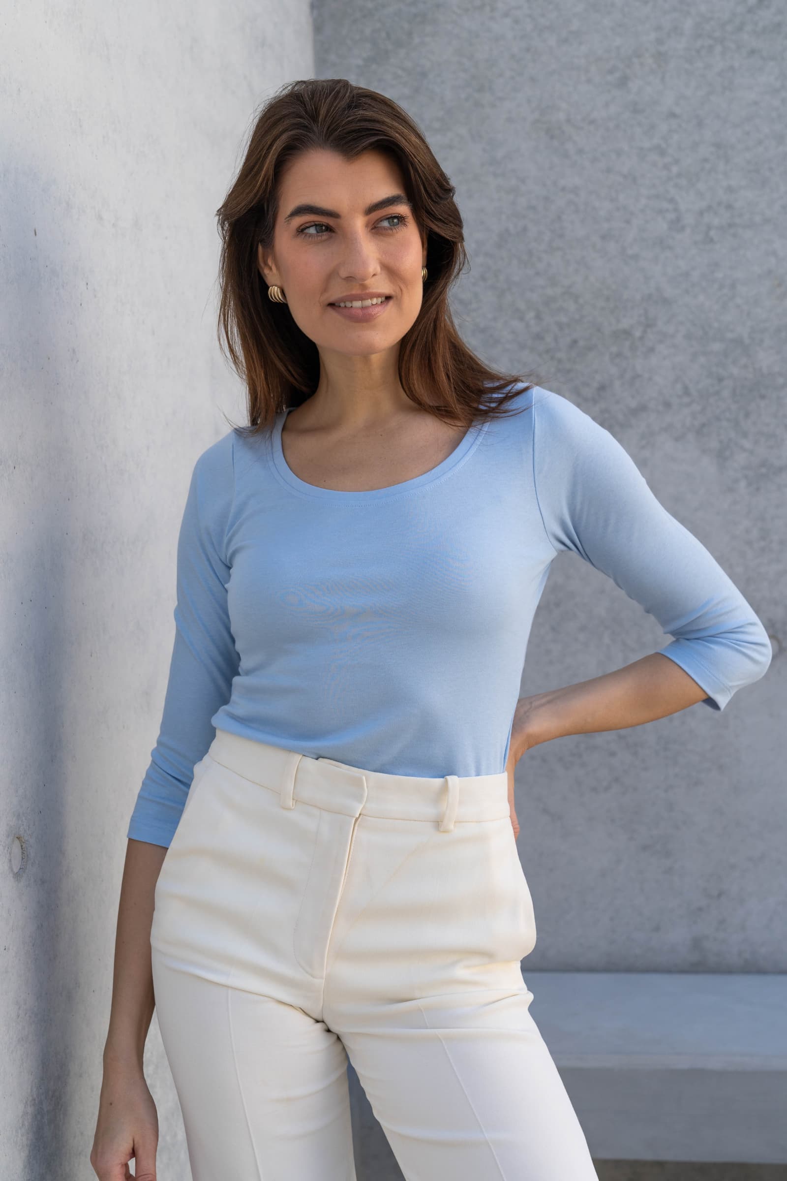 Dreiviertelarm-T-Shirt aus Baumwoll-Modal-Mix mit Rundhalsausschnitt
