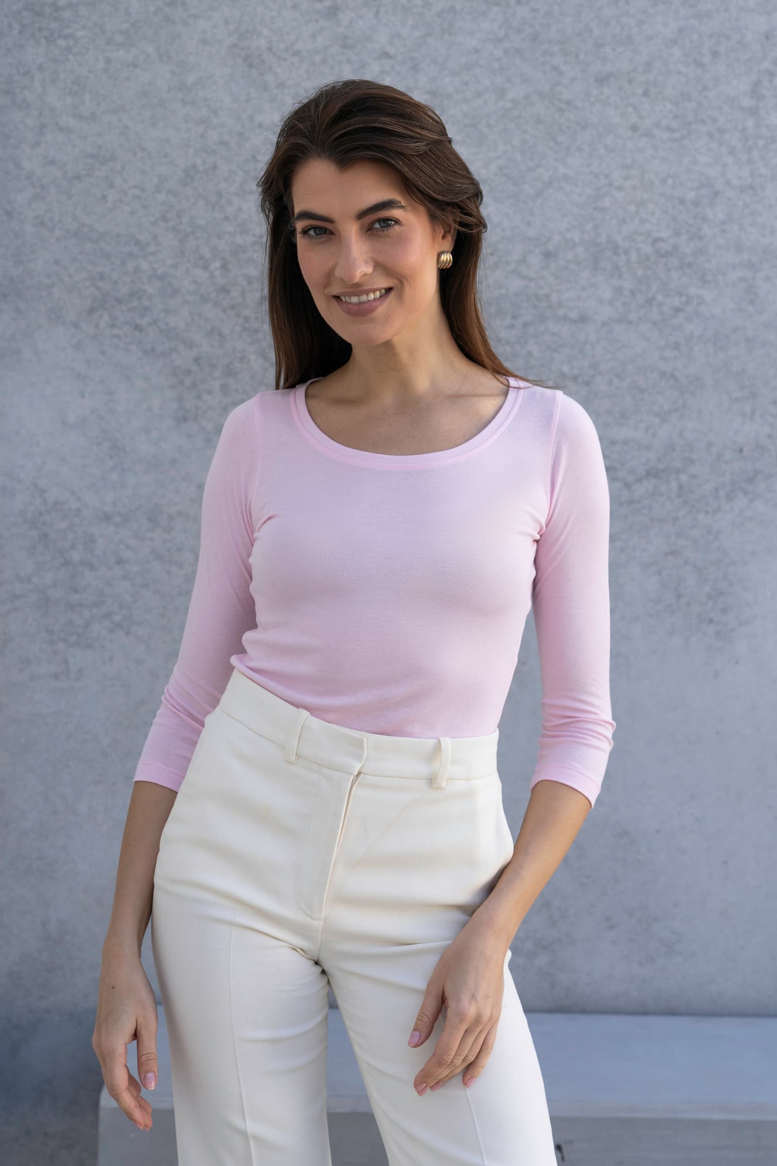 Dreiviertelarm-T-Shirt aus Baumwoll-Modal-Mix mit Rundhalsausschnitt