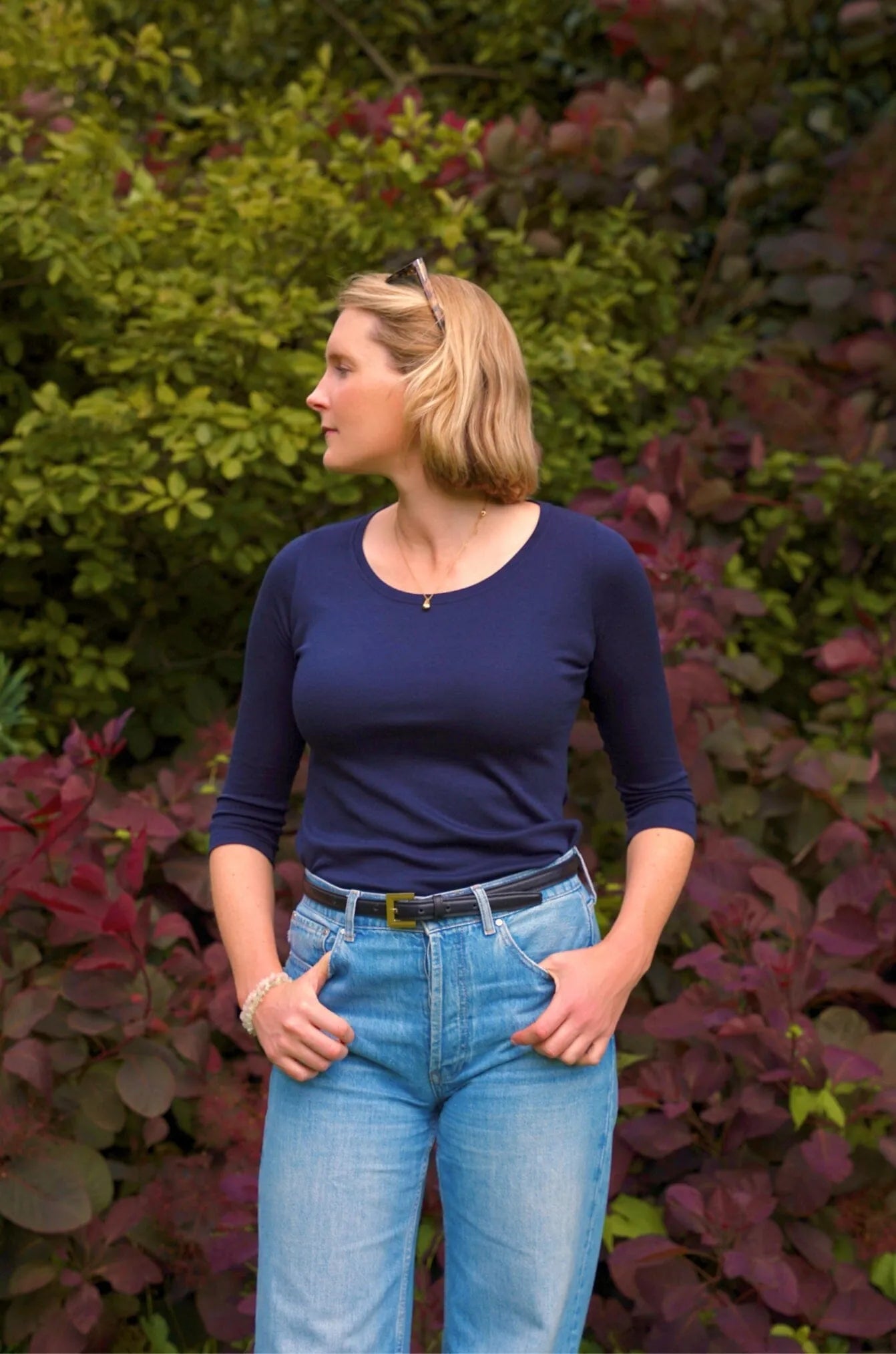 Dreiviertelarm-T-Shirt aus Baumwoll-Modal-Mix mit Rundhalsausschnitt