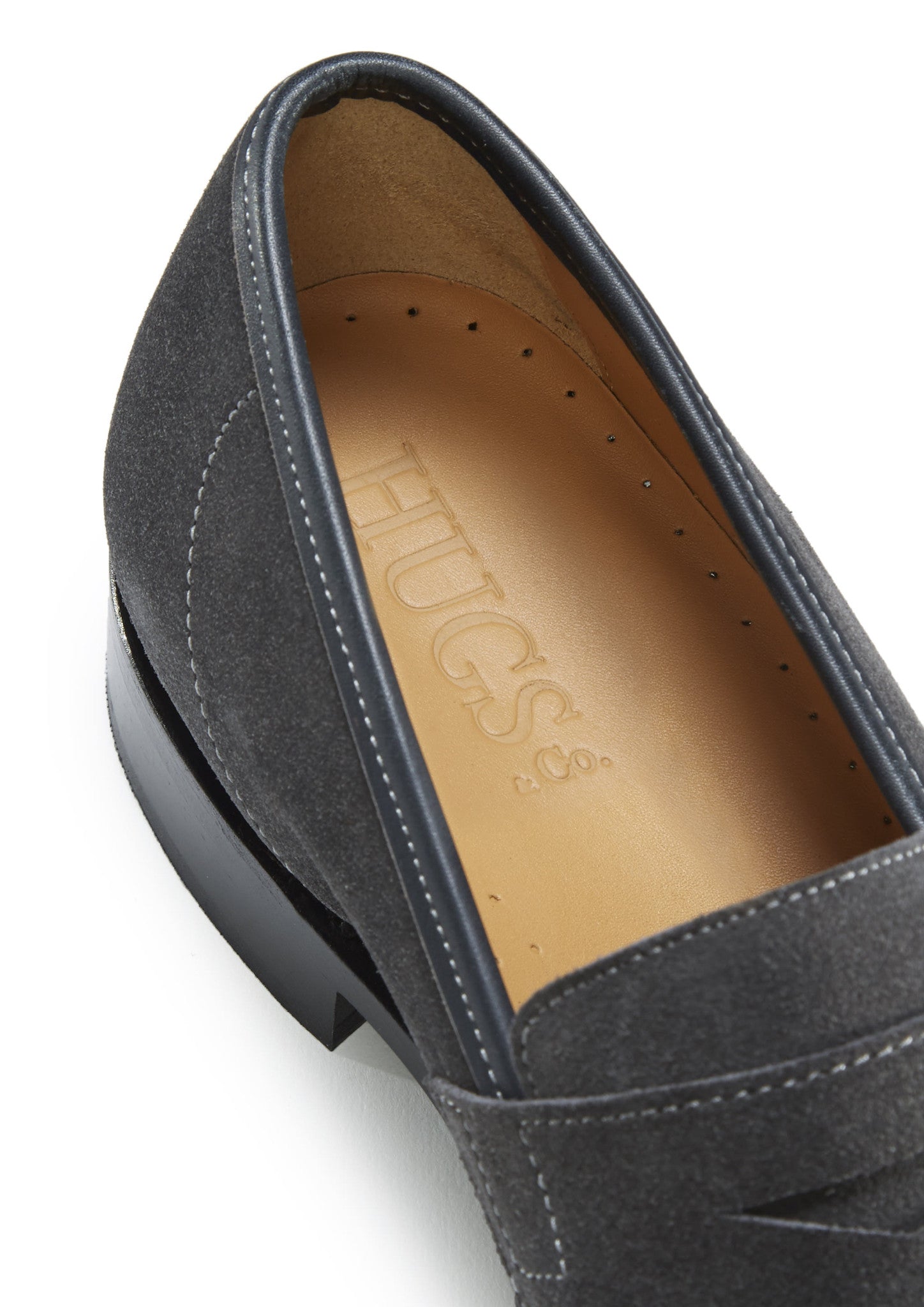 Schiefergraue Wildleder-Slipper, rahmengenähte Lederlaufsohle