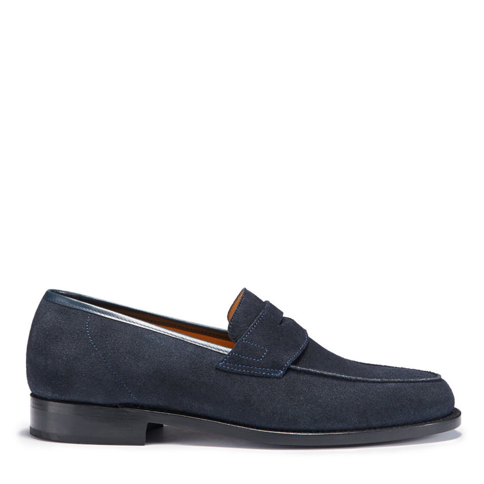 Marineblaue Wildleder-Slipper, rahmengenähte Lederlaufsohle