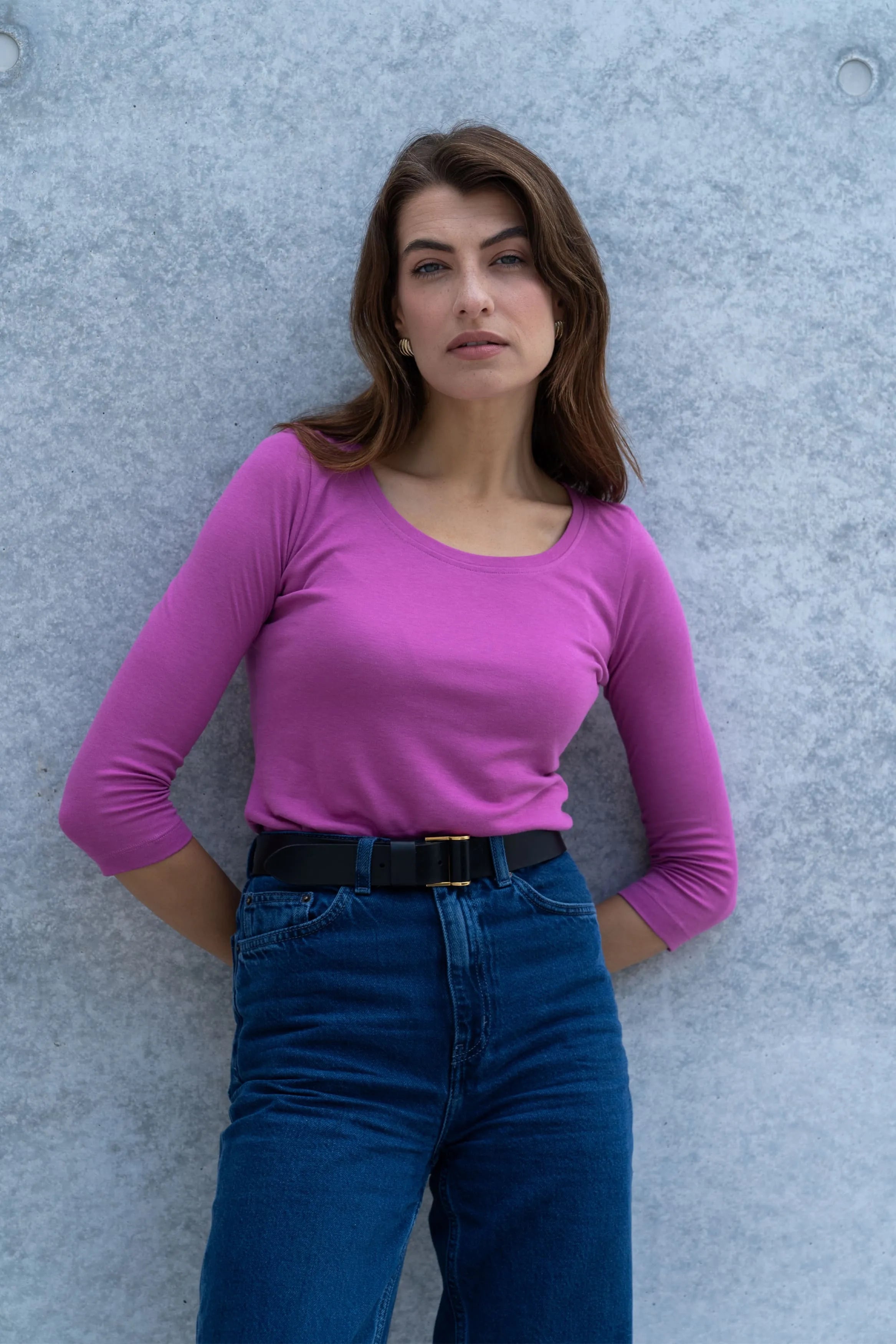 Dreiviertelarm-T-Shirt aus Baumwoll-Modal-Mix mit Rundhalsausschnitt