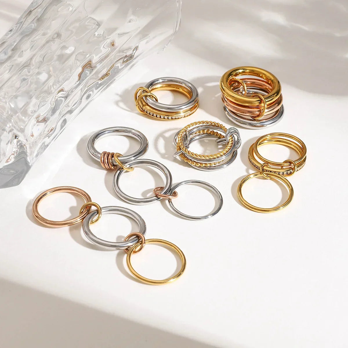 18K Elegant Gold&Silver Stacked Rings