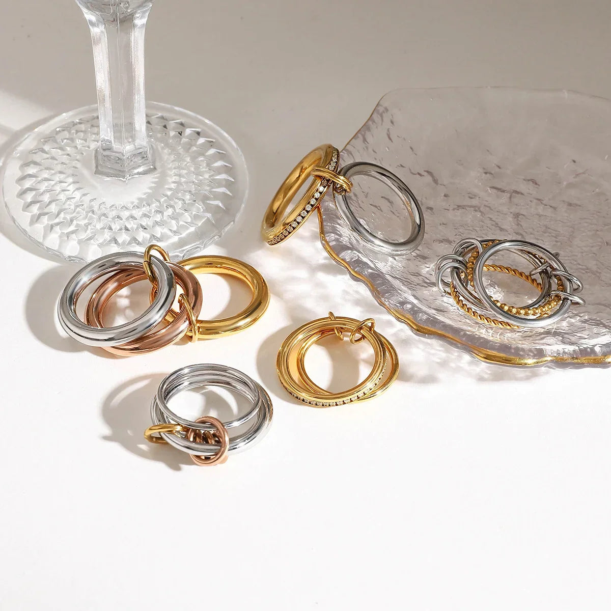 18K Elegant Gold&Silver Stacked Rings