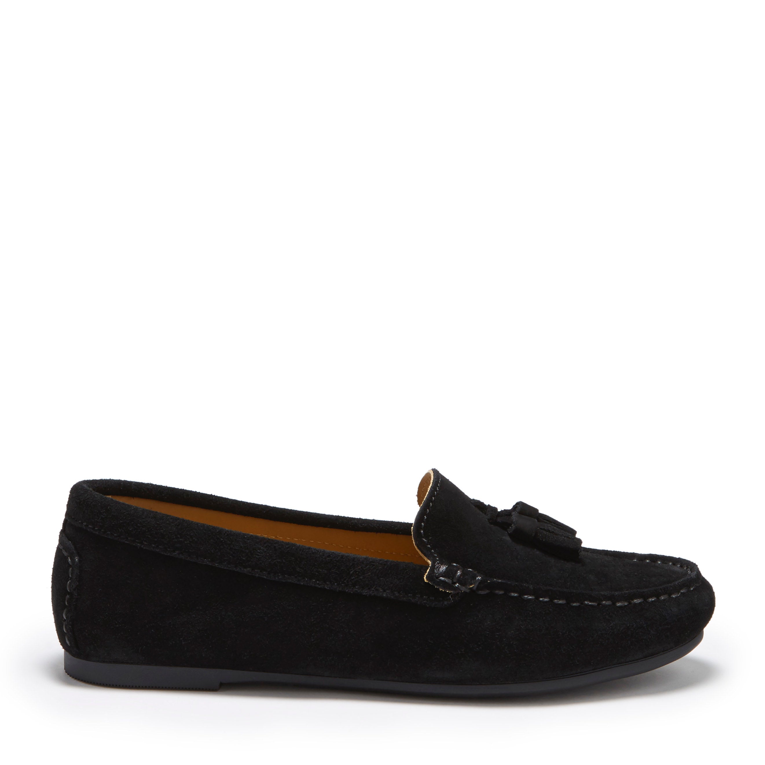 Damen Mokassins mit Quasten Gumminoppensohle, schwarzes Wildleder