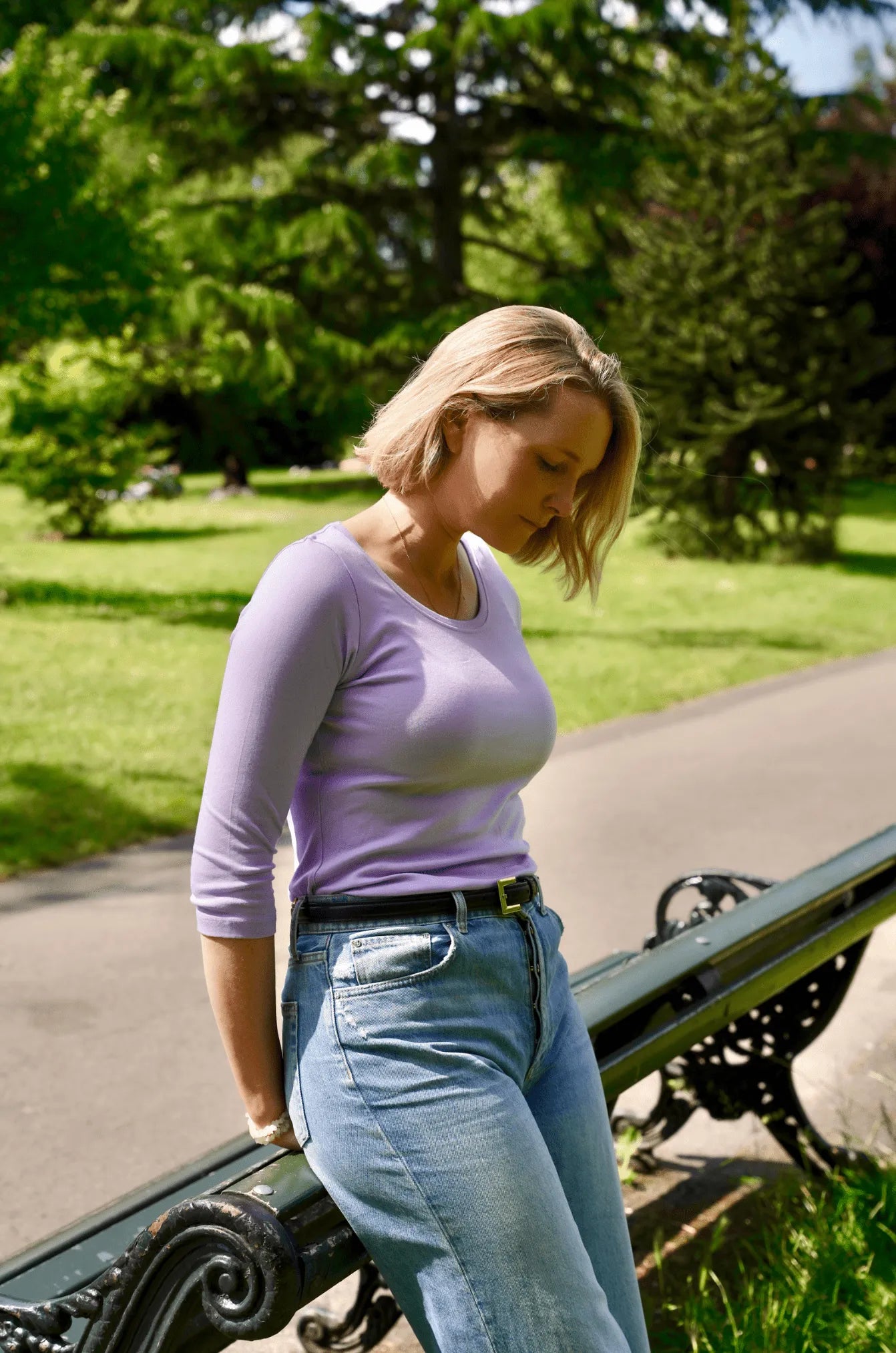 Dreiviertelarm-T-Shirt aus Baumwoll-Modal-Mix mit Rundhalsausschnitt