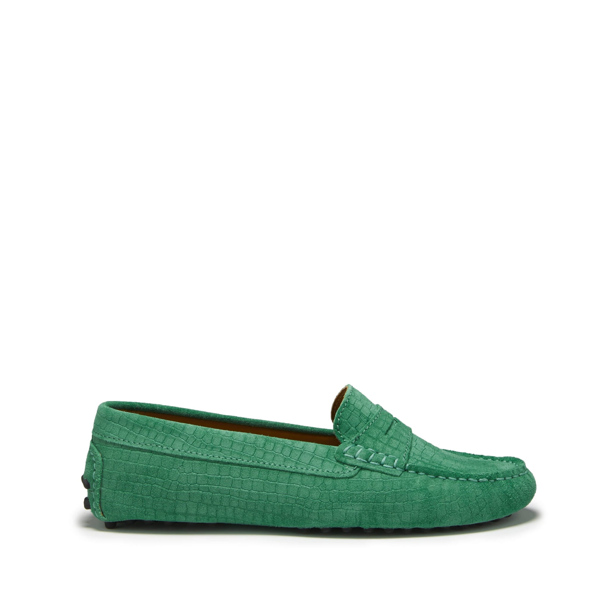 Penny Loafer für Damen, smaragdgrünes geprägtes Veloursleder