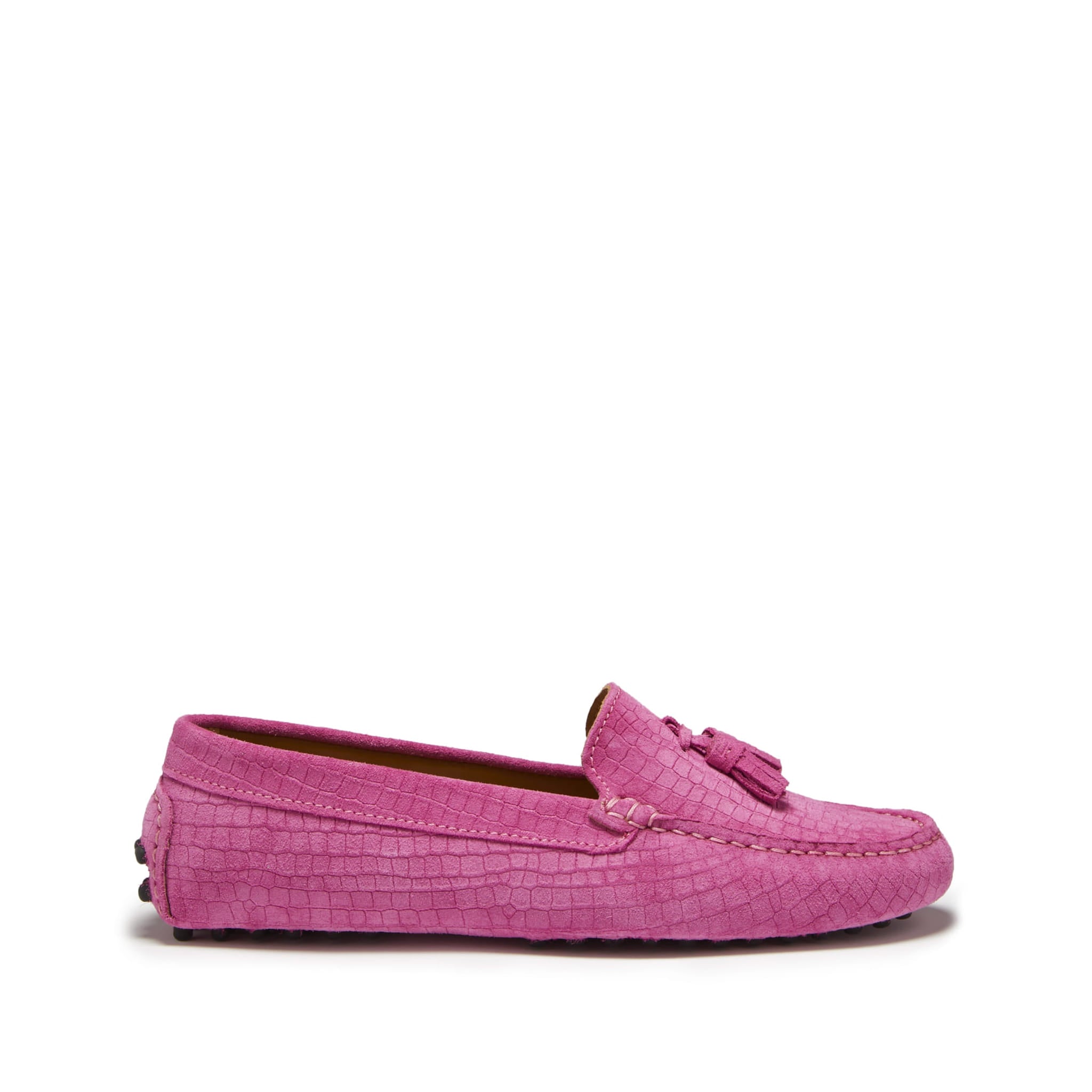Damen-Mokassins mit Quasten, pinkfarbenes, geprägtes Veloursleder