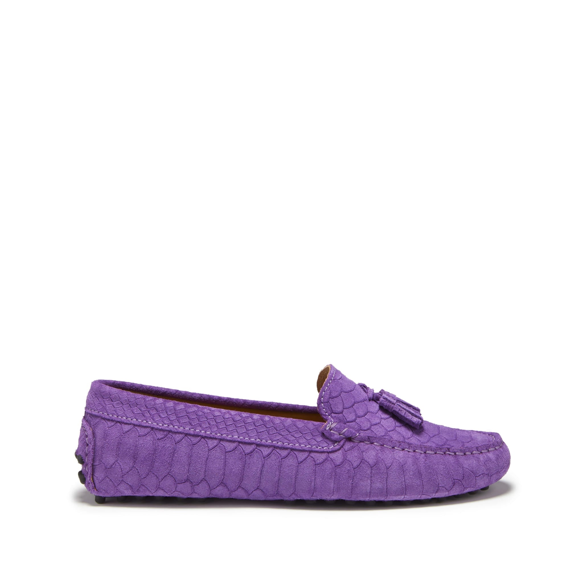 Damen-Slipper mit Quasten, aus geprägtem Veloursleder in Lila