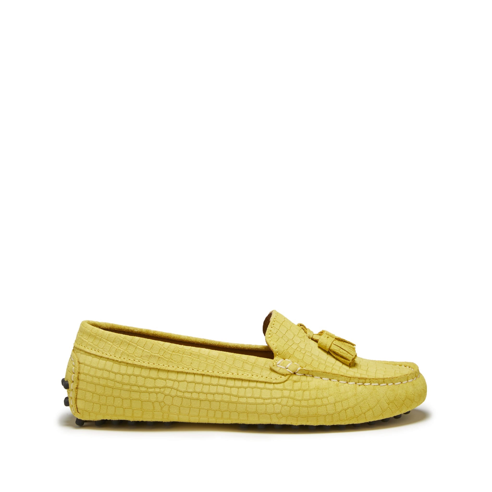 Damen-Slipper mit Quasten, gelbes geprägtes Veloursleder