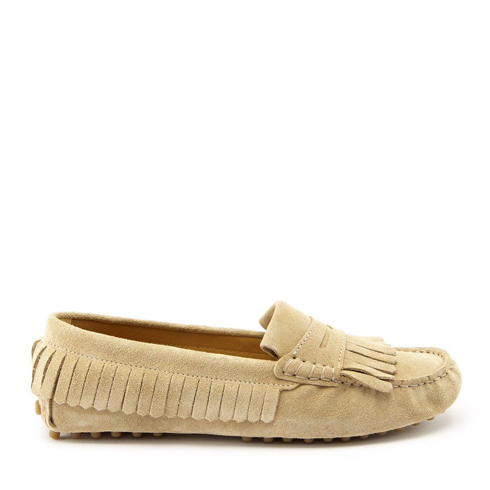 Damen-Driving-Loafer mit Fransen, taupefarbenes Veloursleder