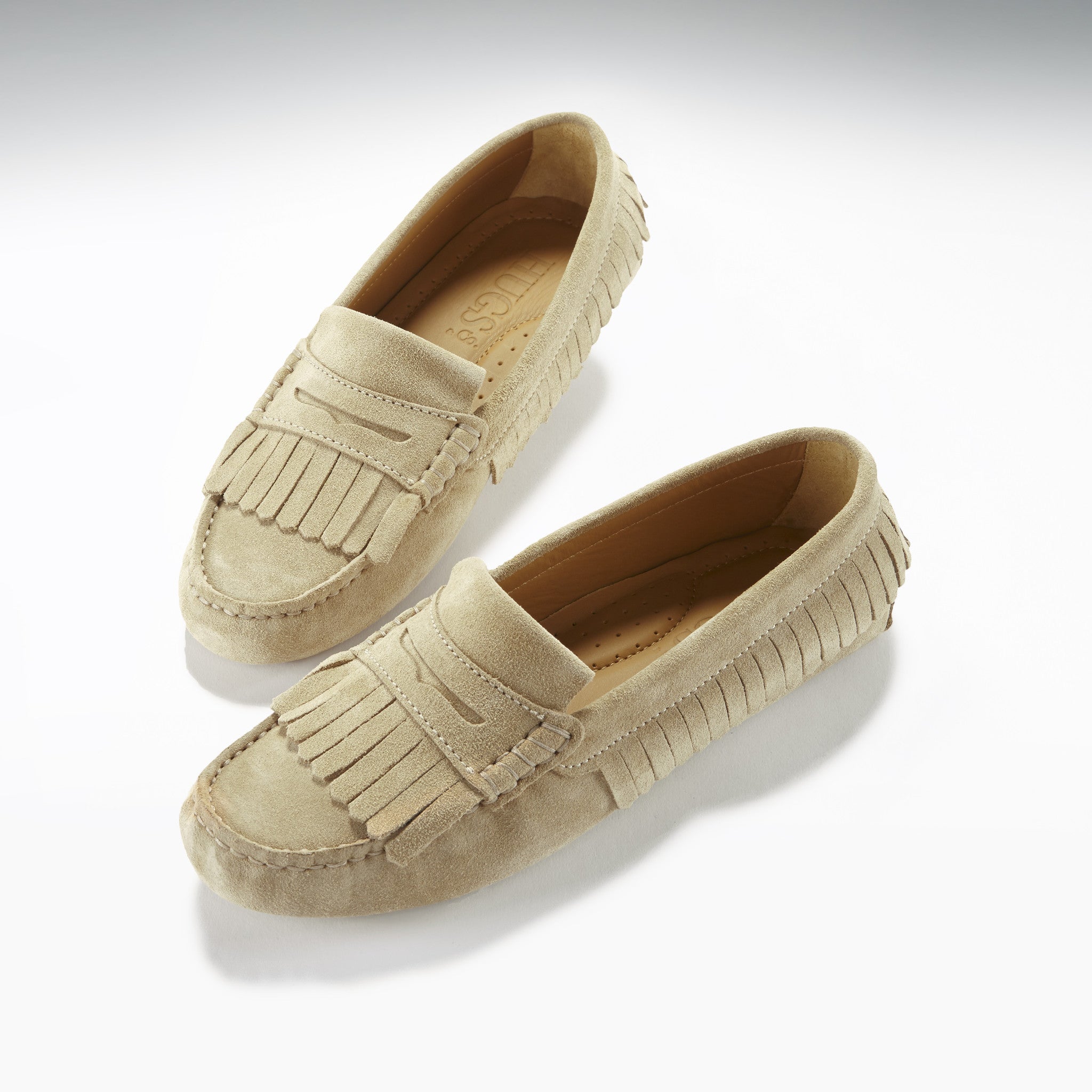Damen-Driving-Loafer mit Fransen, taupefarbenes Veloursleder