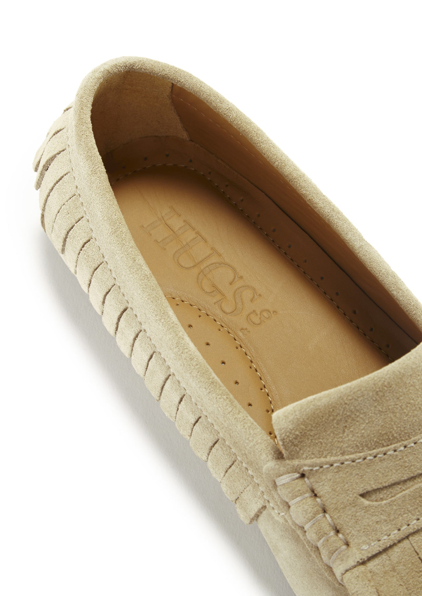 Damen-Driving-Loafer mit Fransen, taupefarbenes Veloursleder