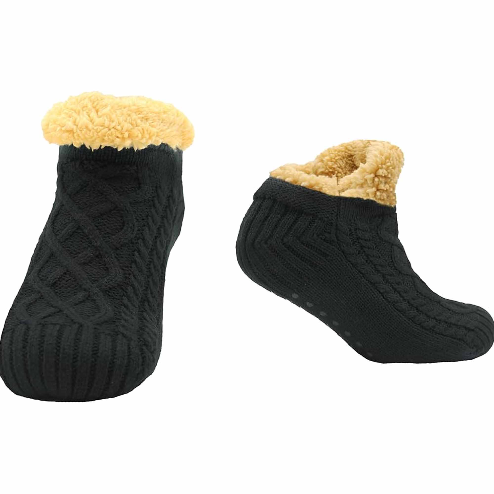 Sock Stack Hausschuhsocken Sherpa gefüttert Warm Nordisch Fair Isle Rutschfest Indoor Winter Hausschuhe Schwarz Marinegrau UK 4 bis 7, 8 bis 12