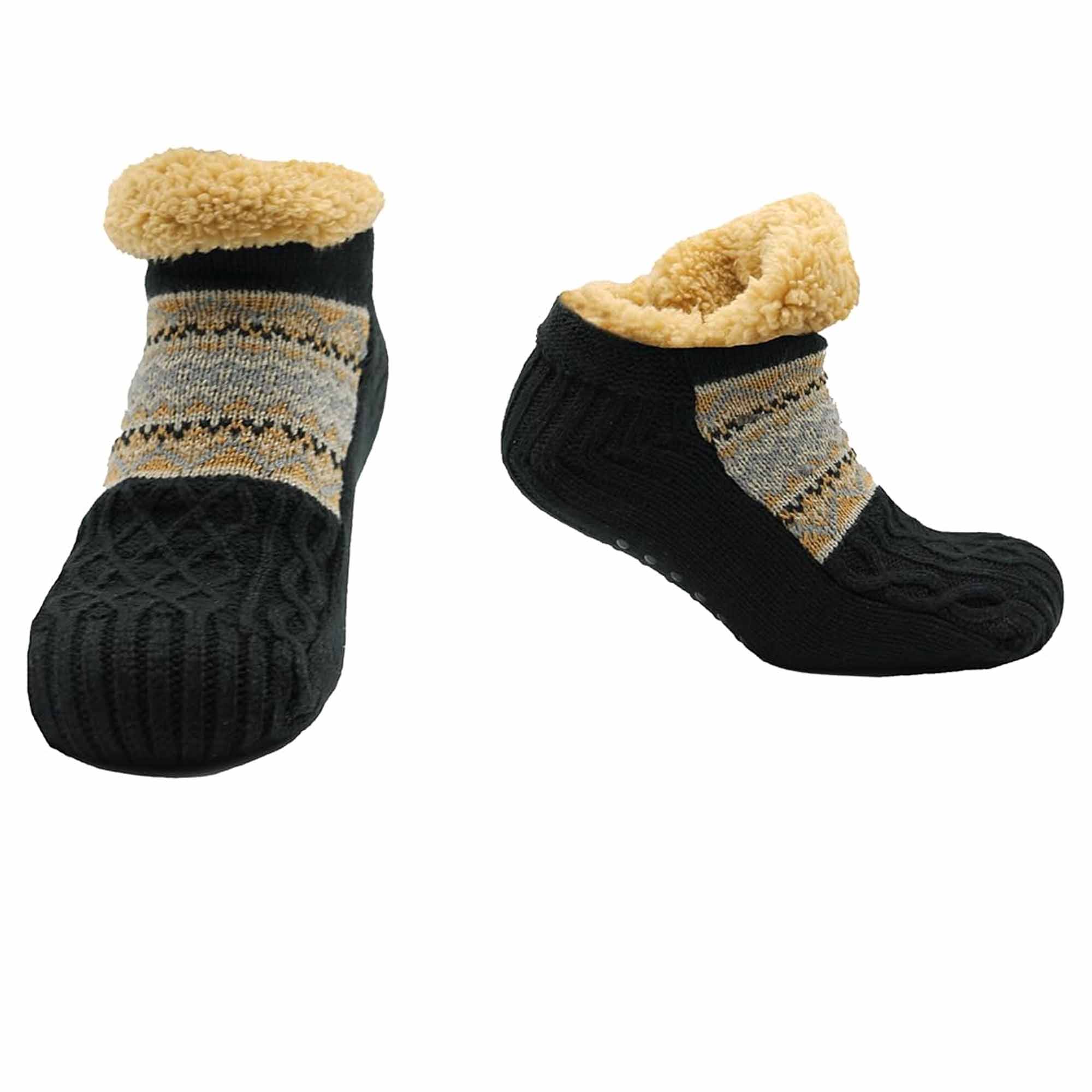 Sock Stack Hausschuhsocken Sherpa gefüttert Warm Nordisch Fair Isle Rutschfest Indoor Winter Hausschuhe Schwarz Marinegrau UK 4 bis 7, 8 bis 12