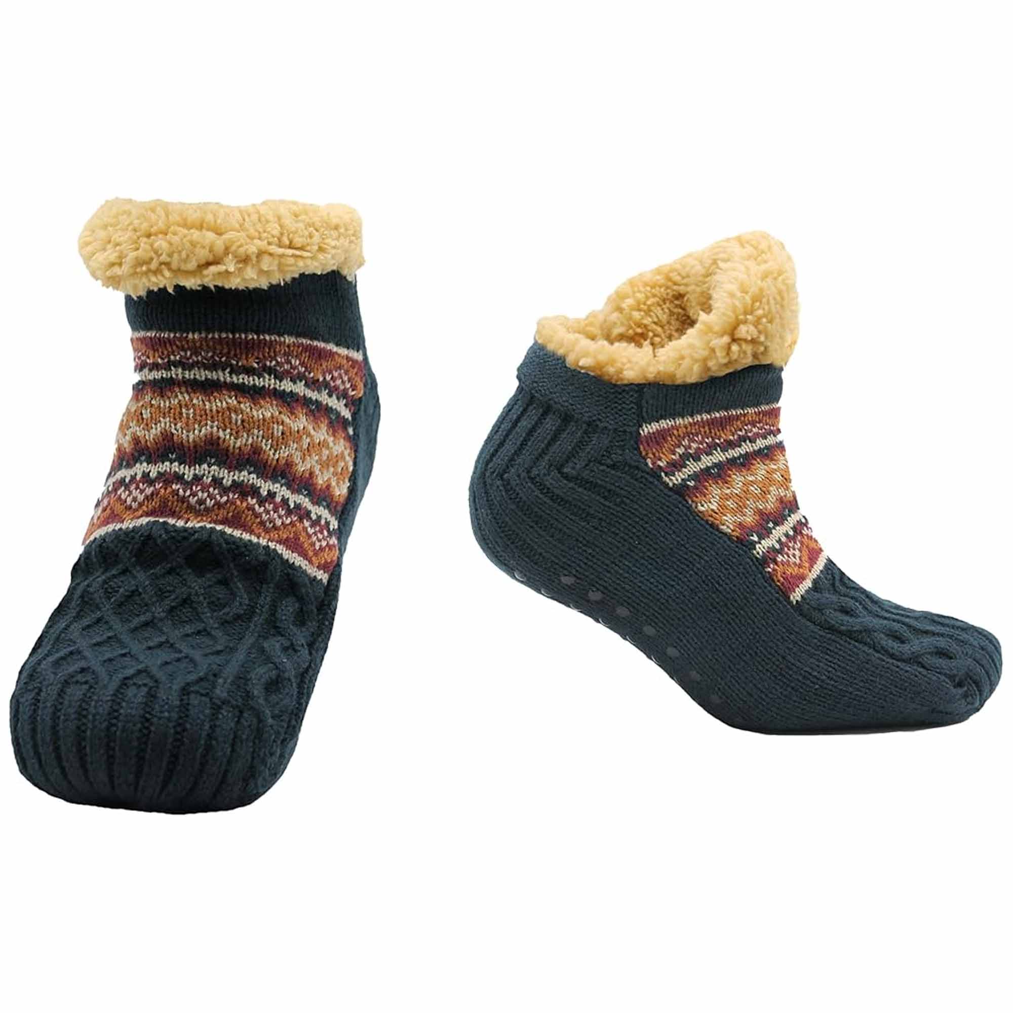 Sock Stack Hausschuhsocken Sherpa gefüttert Warm Nordisch Fair Isle Rutschfest Indoor Winter Hausschuhe Schwarz Marinegrau UK 4 bis 7, 8 bis 12