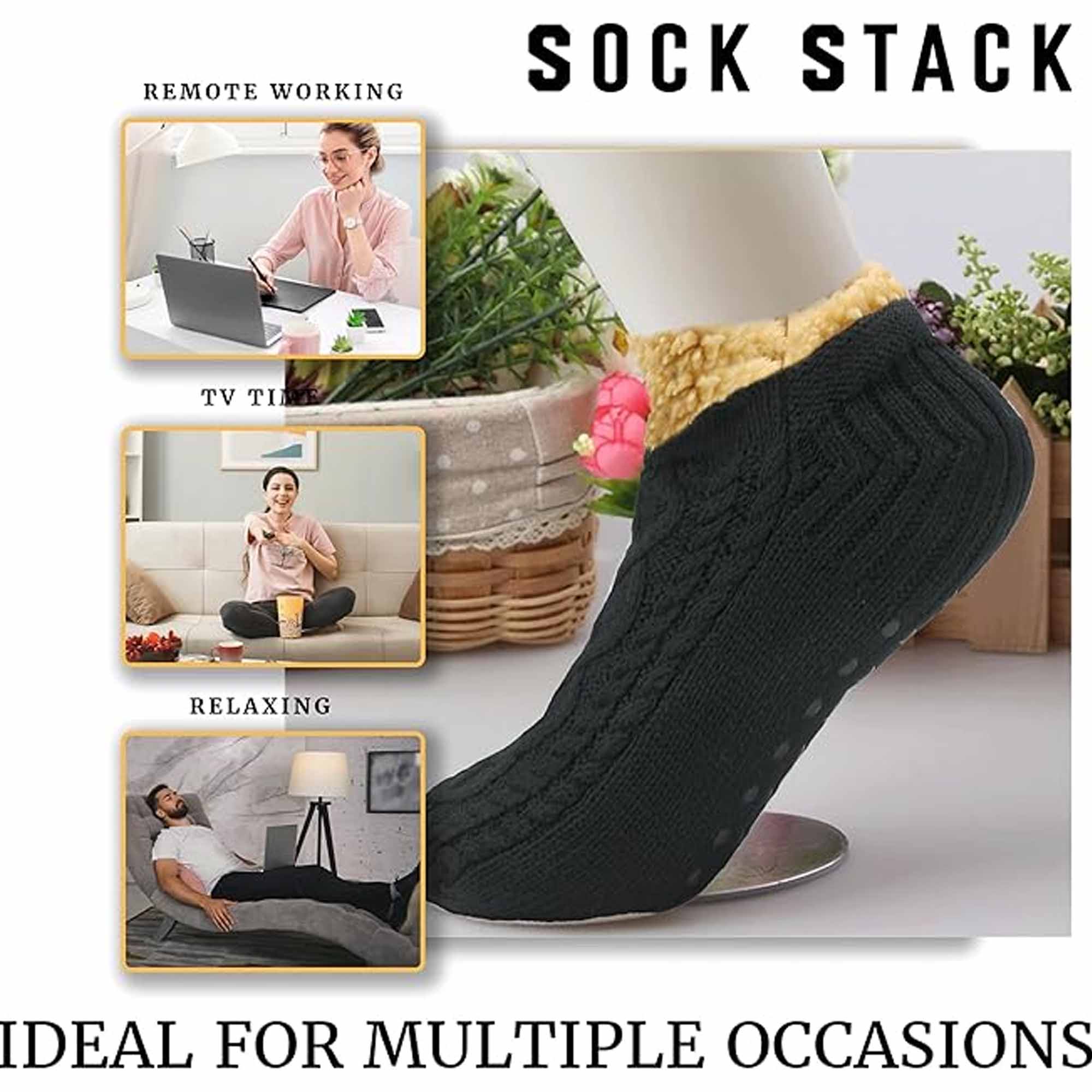 Sock Stack Hausschuhsocken Sherpa gefüttert Warm Nordisch Fair Isle Rutschfest Indoor Winter Hausschuhe Schwarz Marinegrau UK 4 bis 7, 8 bis 12