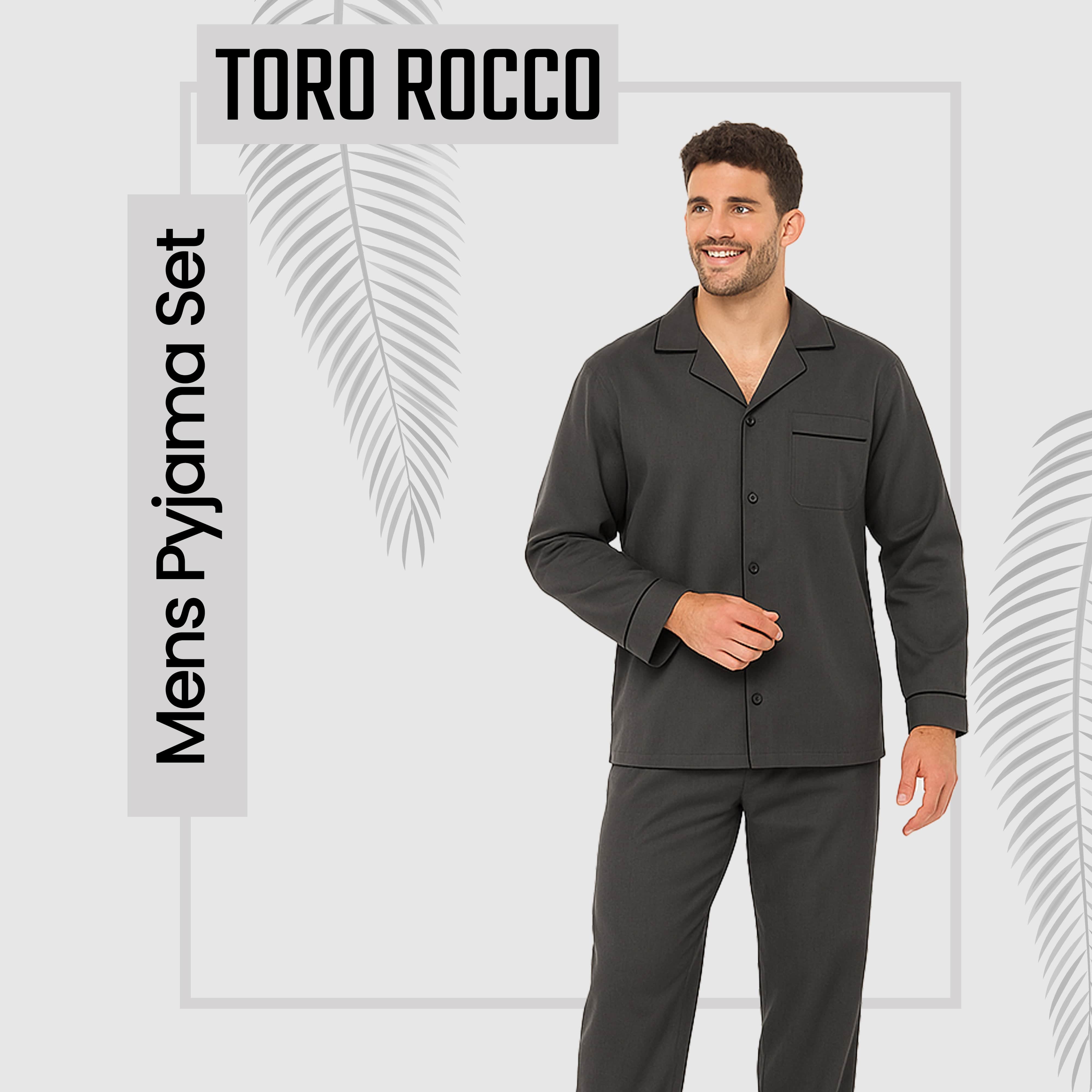 Sock Stack Herren Klassisches Pyjama-Set aus Webstoff in Anthrazit, Langarm-Knopf-Oberteil und lange Hose, atmungsaktiv, maschinenwaschbar, pflegeleichte Nachtwäsche
