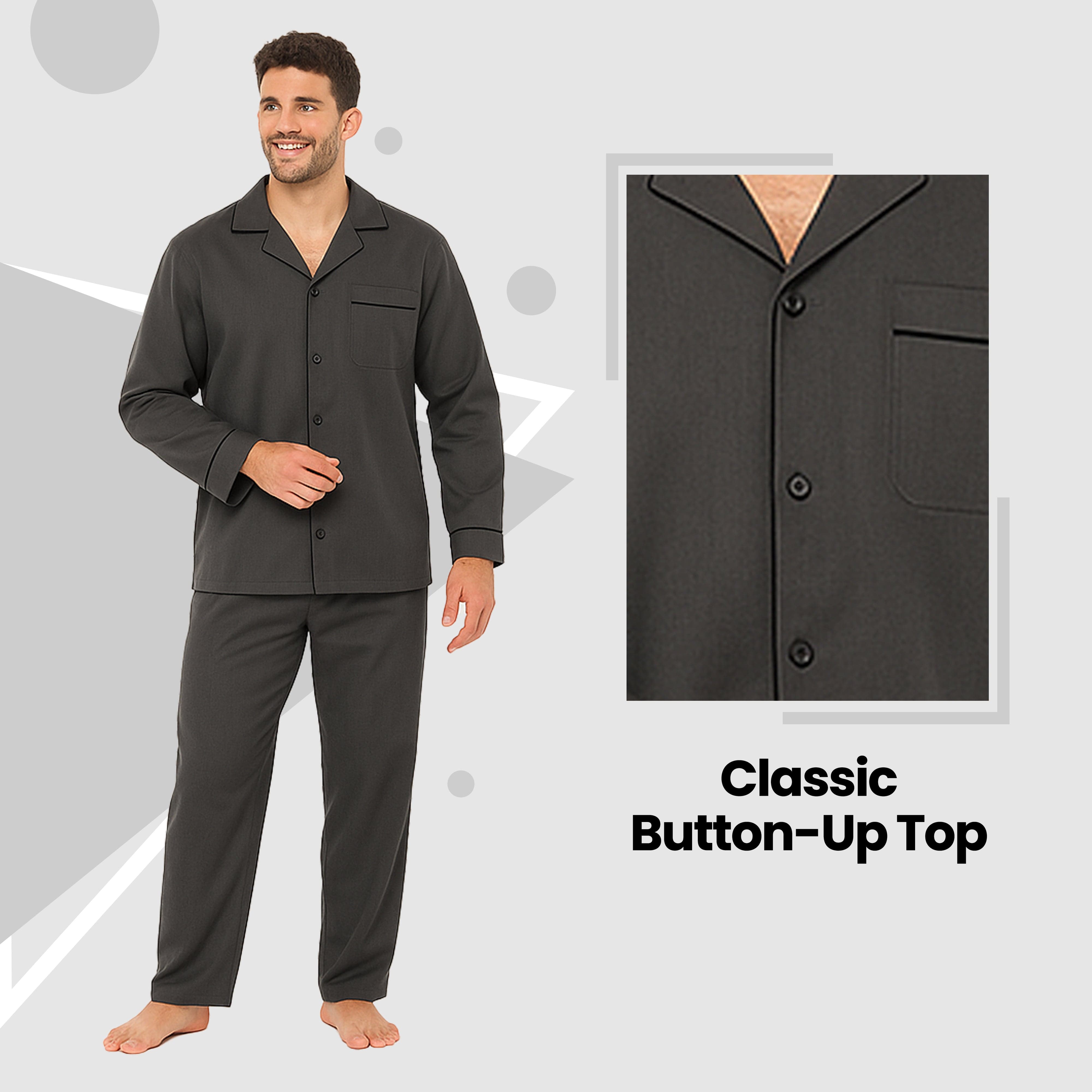 Sock Stack Herren Klassisches Pyjama-Set aus Webstoff in Anthrazit, Langarm-Knopf-Oberteil und lange Hose, atmungsaktiv, maschinenwaschbar, pflegeleichte Nachtwäsche