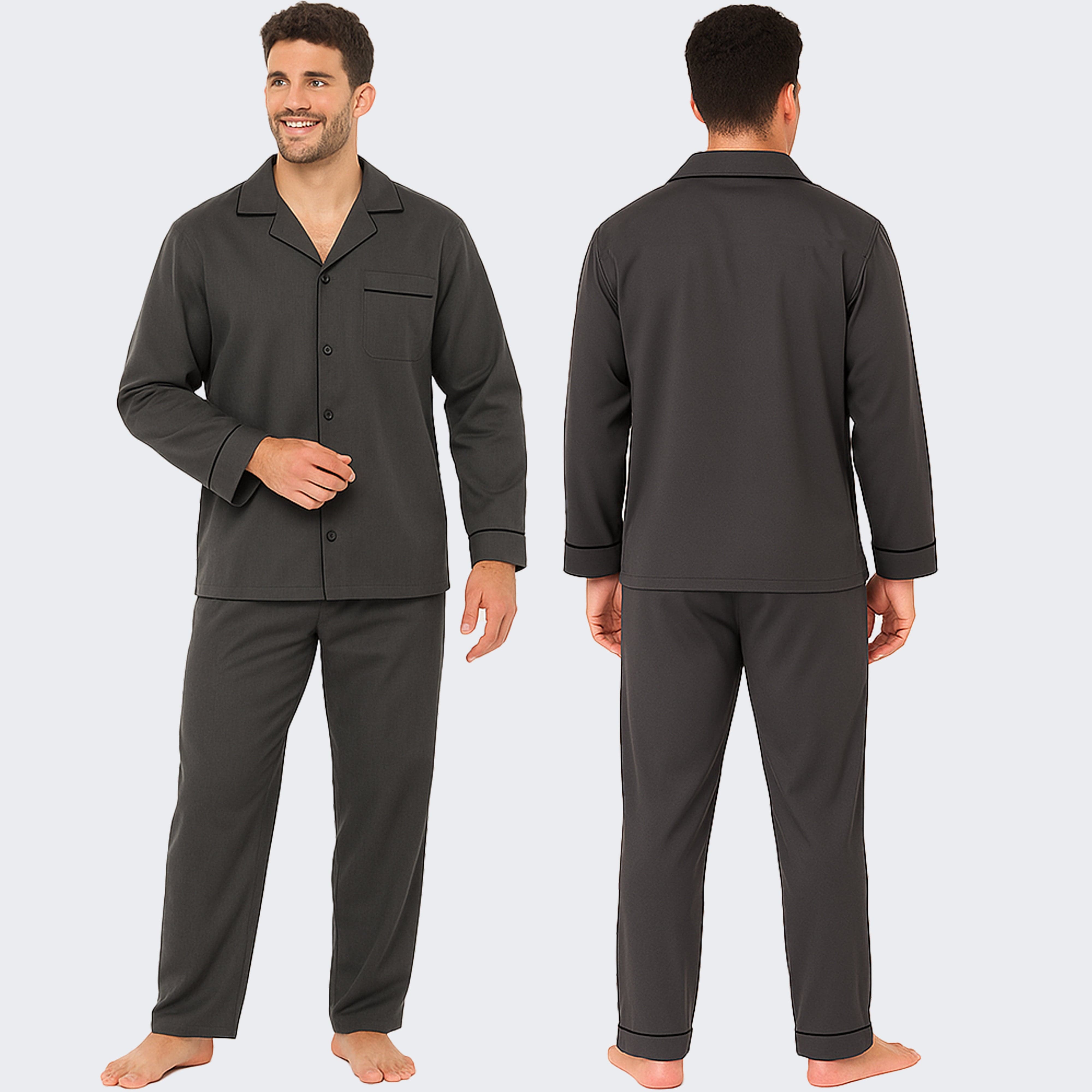 Sock Stack Herren Klassisches Pyjama-Set aus Webstoff in Anthrazit, Langarm-Knopf-Oberteil und lange Hose, atmungsaktiv, maschinenwaschbar, pflegeleichte Nachtwäsche