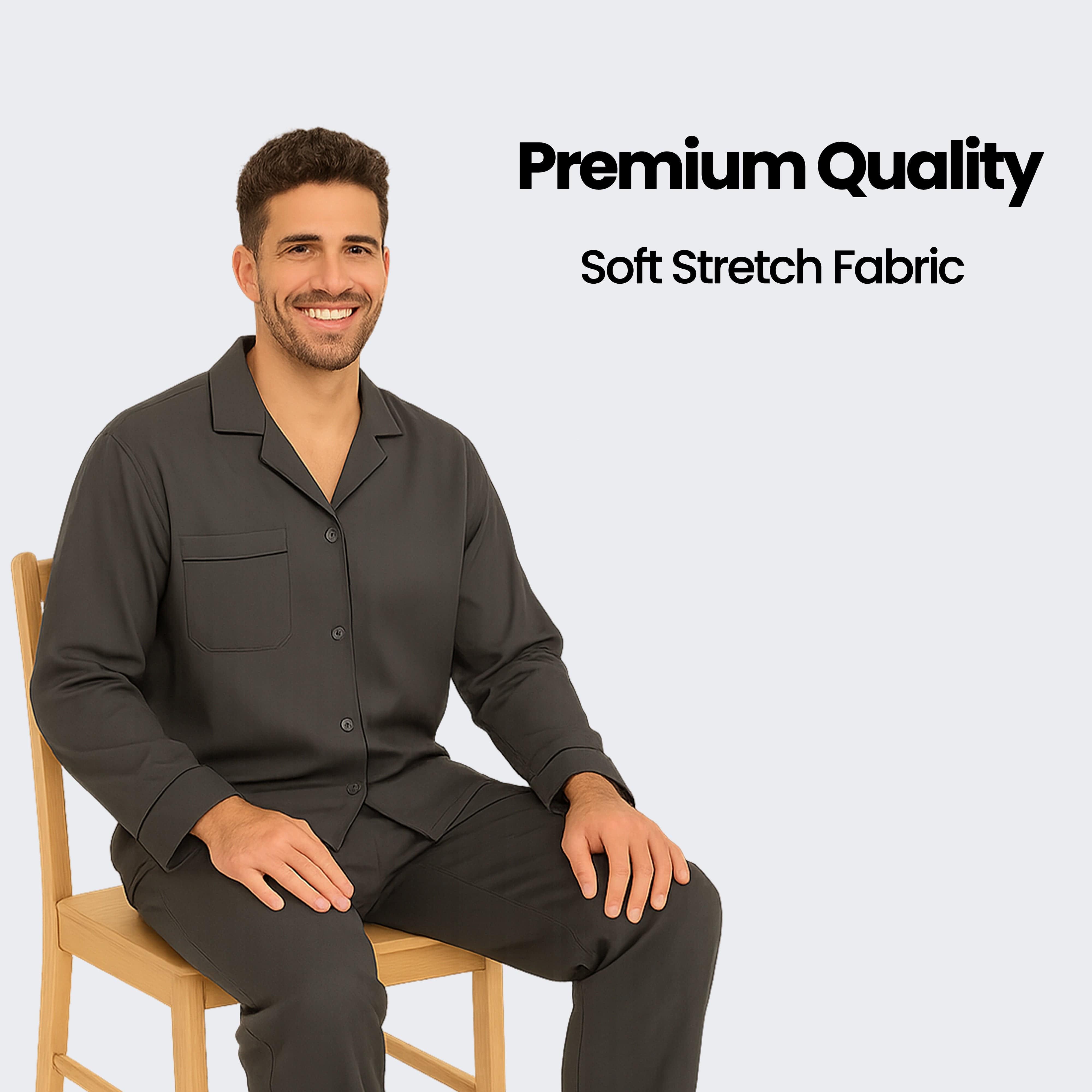 Sock Stack Herren Klassisches Pyjama-Set aus Webstoff in Anthrazit, Langarm-Knopf-Oberteil und lange Hose, atmungsaktiv, maschinenwaschbar, pflegeleichte Nachtwäsche